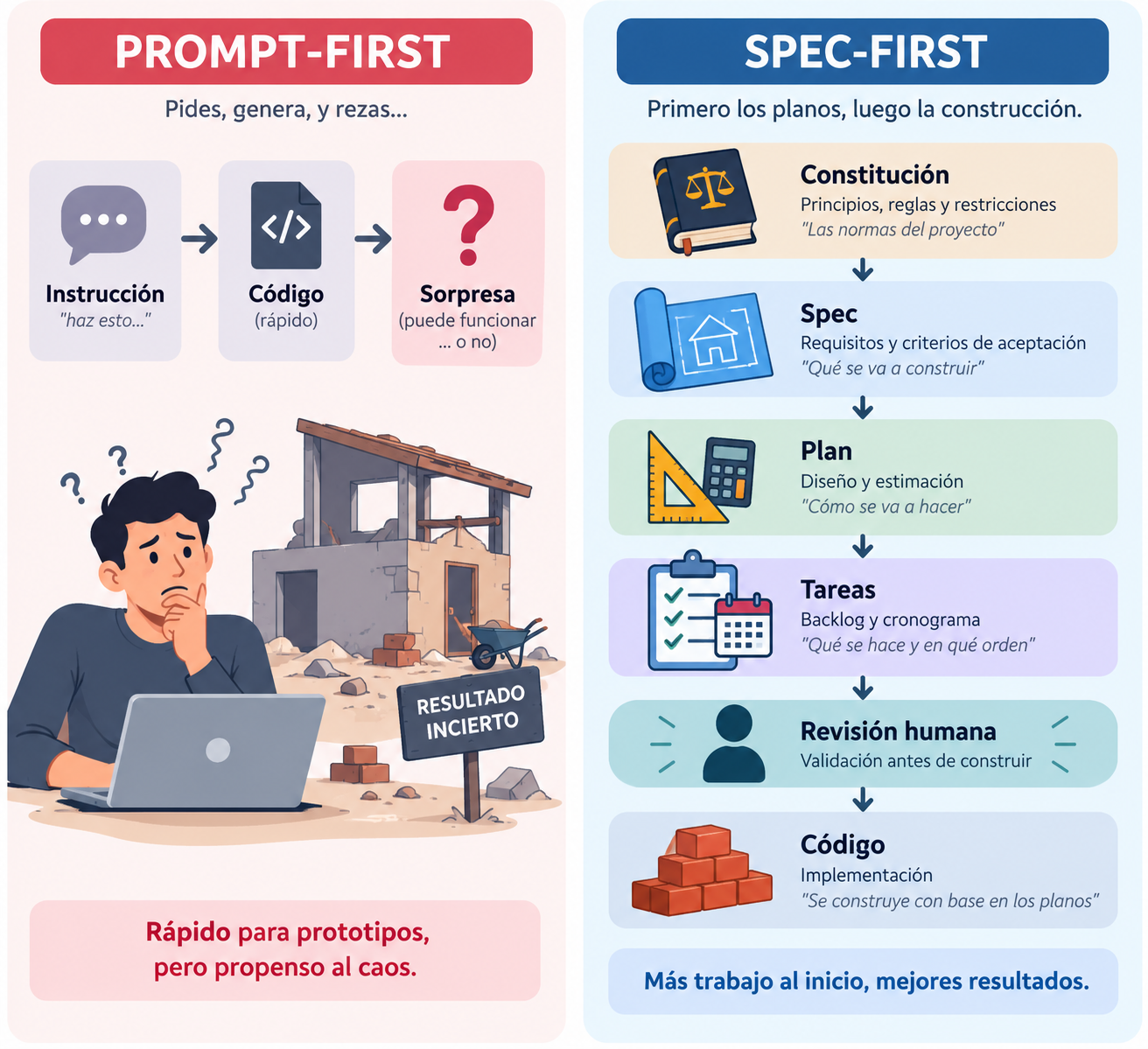 Prompt-first frente a las cinco capas del spec-first